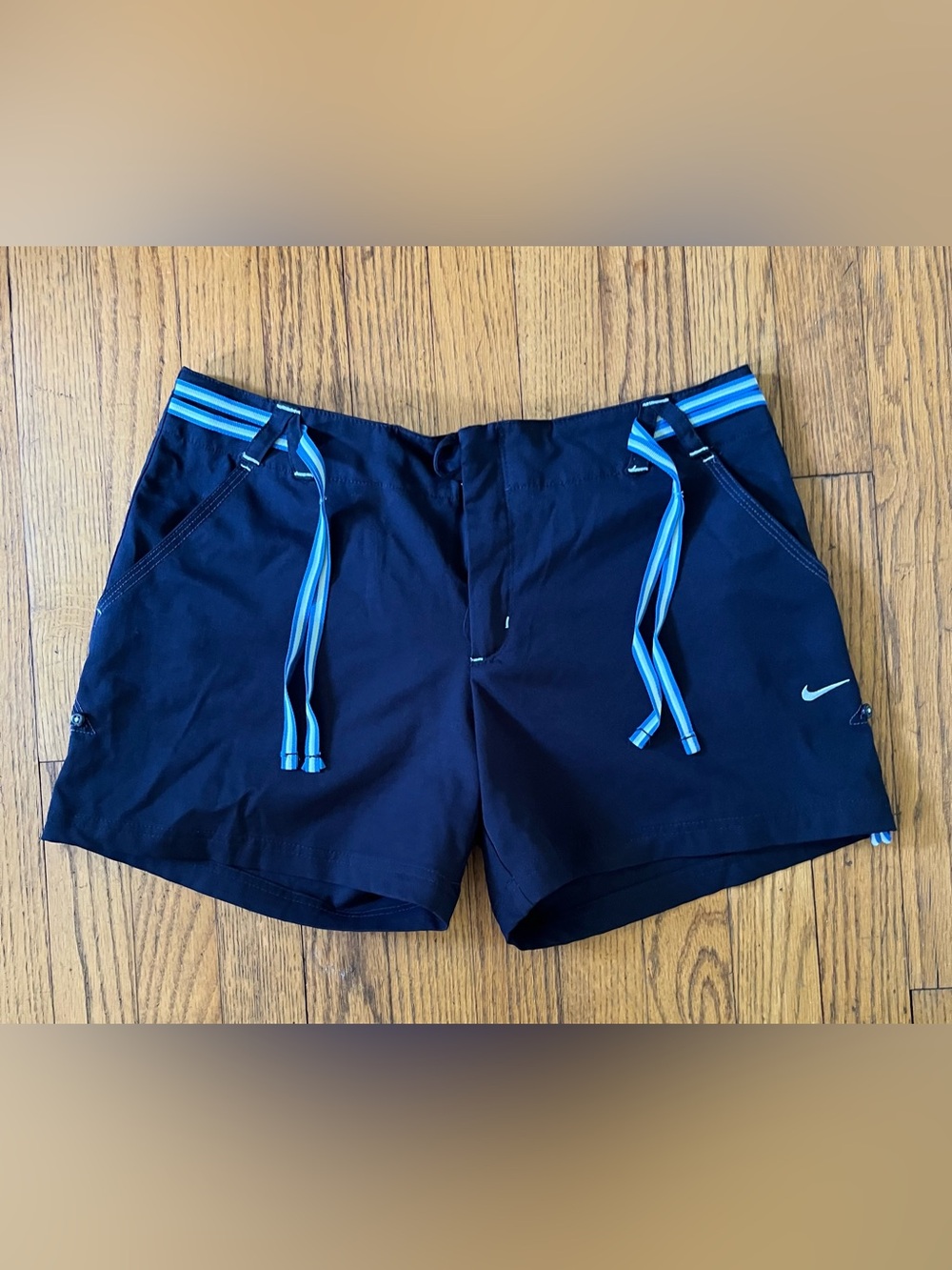 Nike Men's Navy Athletic Shorts with Light Blue Striped Drawcords